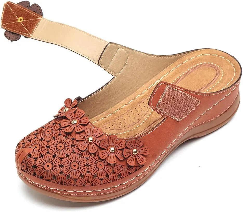 CrazycatZ Womens Summer Slipper PU Leather Comfort Mules Outdoor Beach Shoes Vintage Antil Slip Wedge Flowers Sandals Clogs