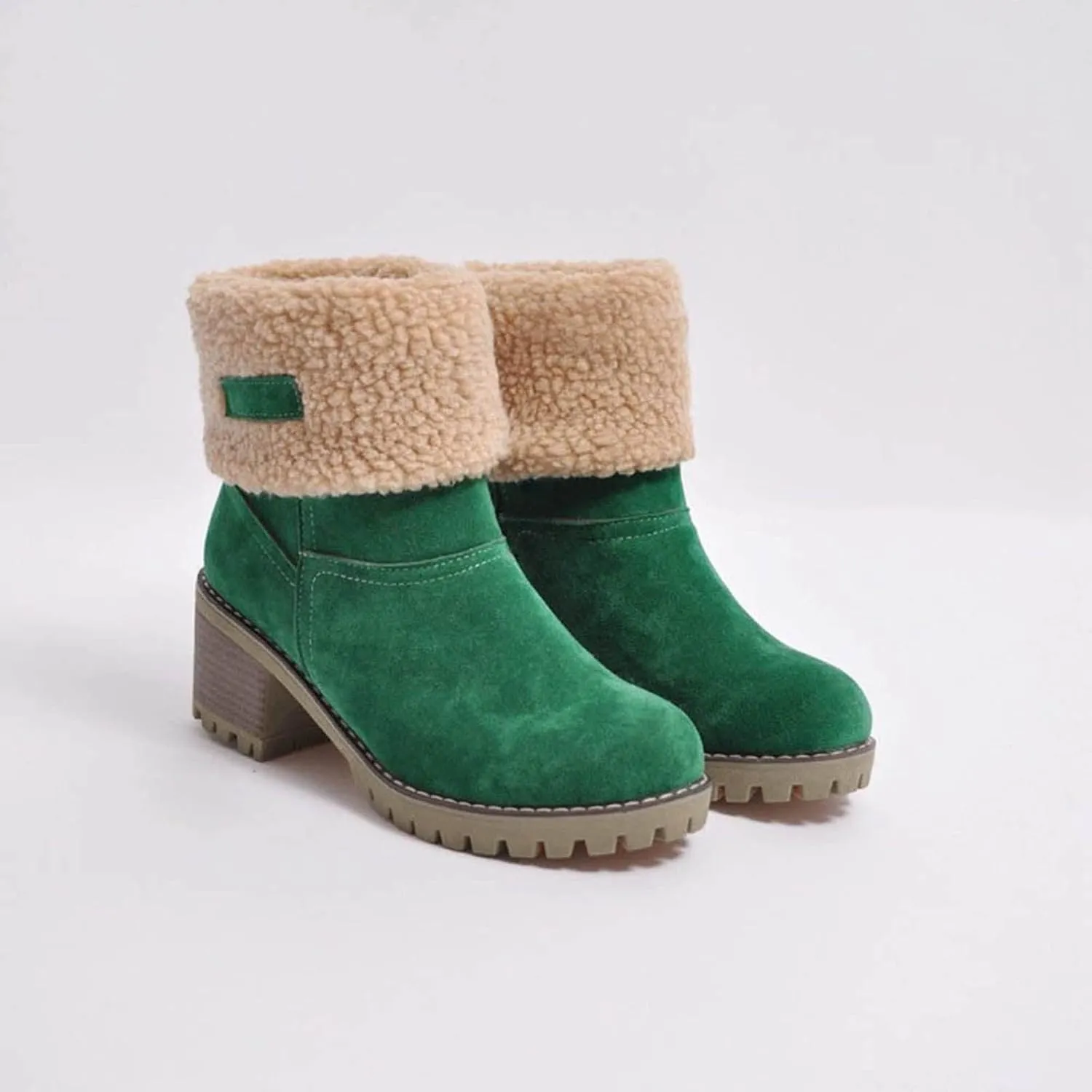 Crzidha Fleece Lined Mid Calf Boots, Winter Snow Ankle Boots for Women, Chunky Block Heels, Comfortable Slip On, Warm Suede Winter Outdoor Shoes