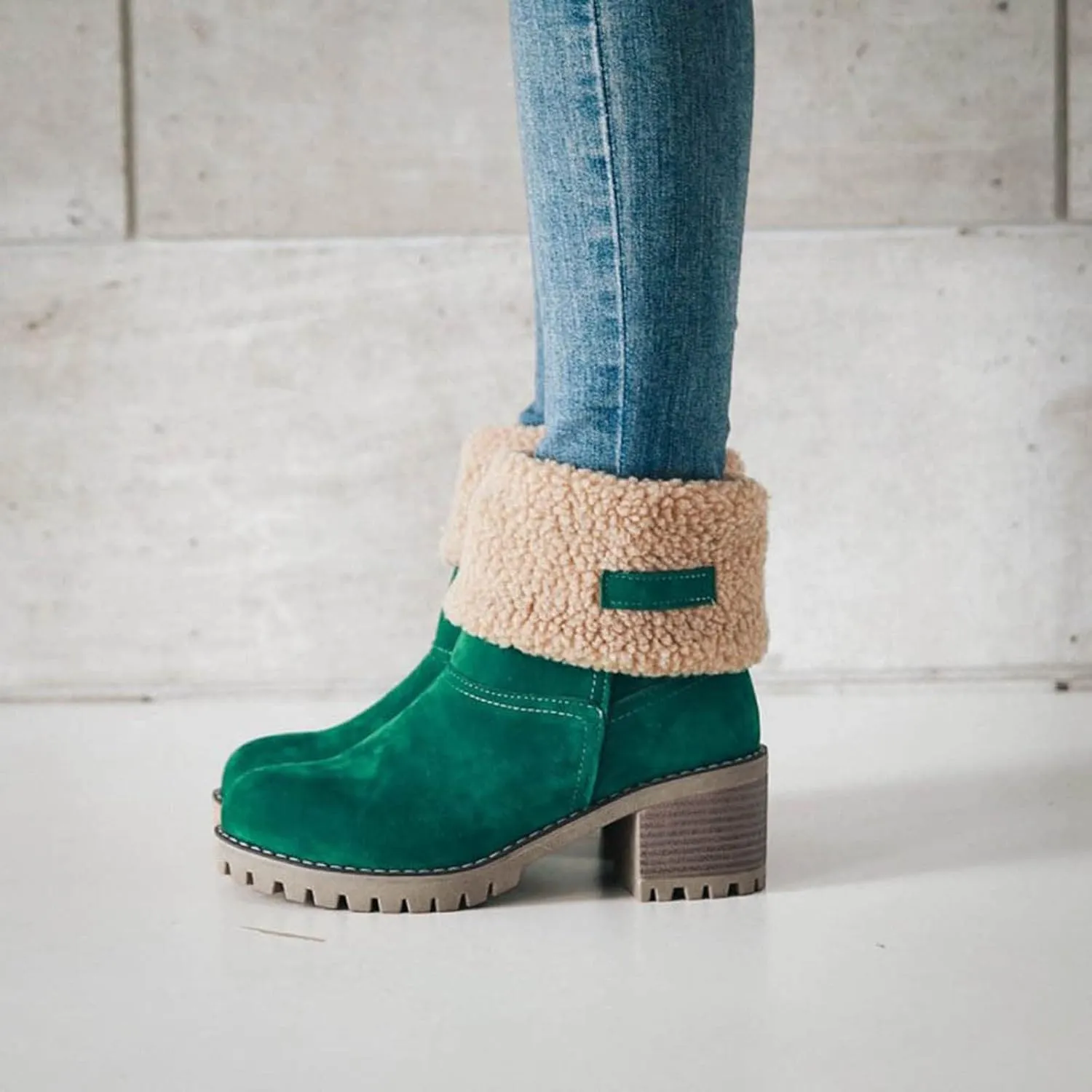 Crzidha Fleece Lined Mid Calf Boots, Winter Snow Ankle Boots for Women, Chunky Block Heels, Comfortable Slip On, Warm Suede Winter Outdoor Shoes