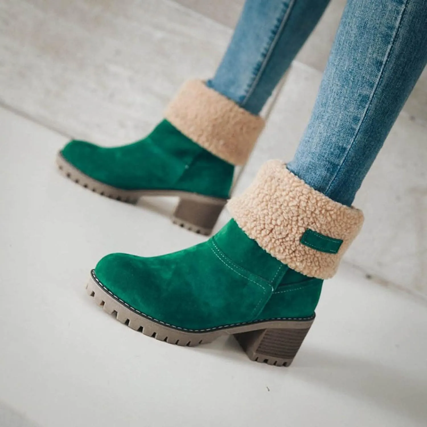 Crzidha Fleece Lined Mid Calf Boots, Winter Snow Ankle Boots for Women, Chunky Block Heels, Comfortable Slip On, Warm Suede Winter Outdoor Shoes
