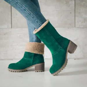 Crzidha Fleece Lined Mid Calf Boots, Winter Snow Ankle Boots for Women, Chunky Block Heels, Comfortable Slip On, Warm Suede Winter Outdoor Shoes