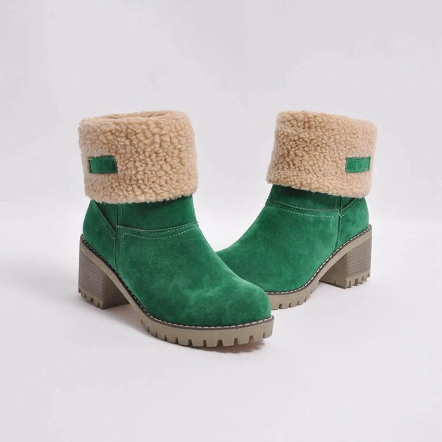 Crzidha Fleece Lined Mid Calf Boots, Winter Snow Ankle Boots for Women, Chunky Block Heels, Comfortable Slip On, Warm Suede Winter Outdoor Shoes