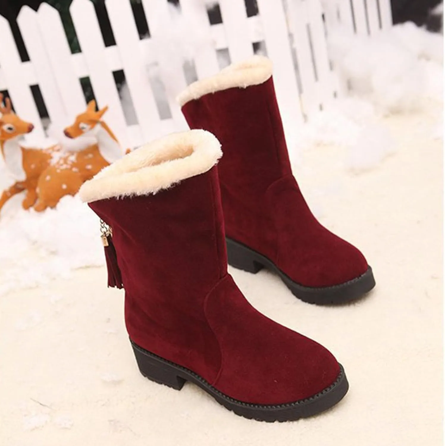 Ctreela Slouchy Mid-Calf Snow Boots for Women Slip on Outdoor Winter Booties Fur Warm Lined Comfort Wide Calf Combat Boot