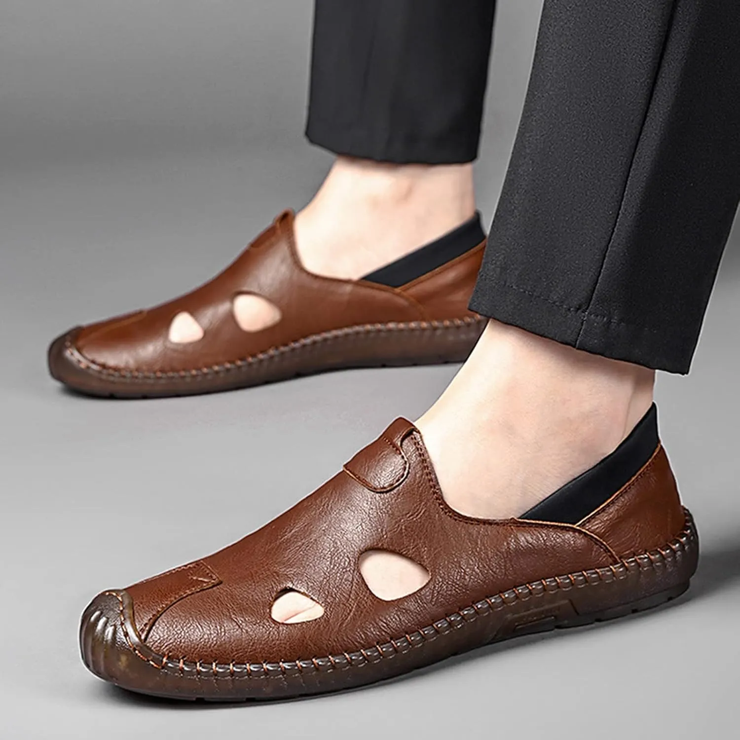 Cubicbee Mens Closed Toe Handmade Sewing Fisherman Sandals Comfortable Breathable Slip on Loafers Outdoor Fashion Beach Hiking Sports Sandals