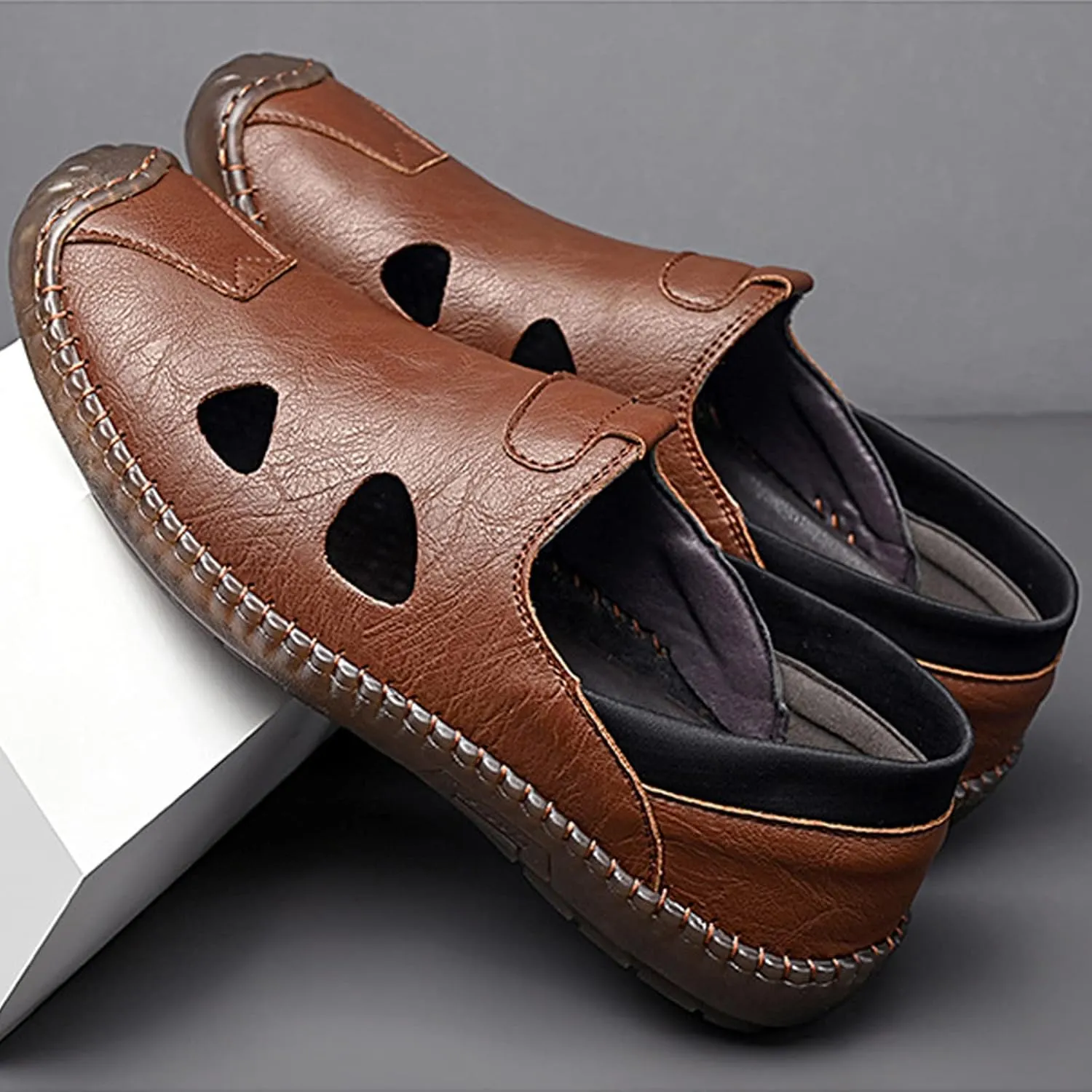 Cubicbee Mens Closed Toe Handmade Sewing Fisherman Sandals Comfortable Breathable Slip on Loafers Outdoor Fashion Beach Hiking Sports Sandals