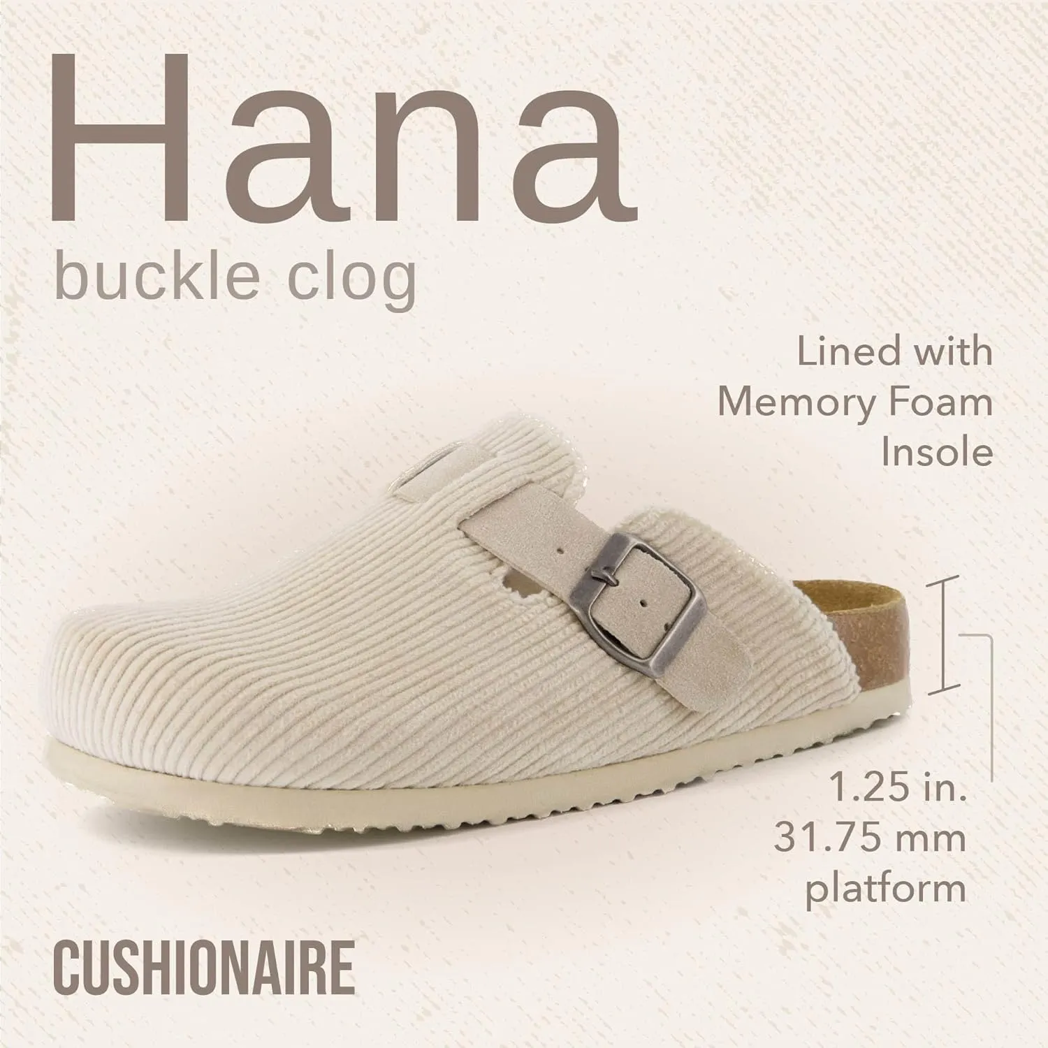 CUSHIONAIRE Hana Slip-On Buckle Clog with Cork Footbed  Memory Foam, Wide Widths Available