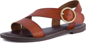 CUSHIONAIRE Lisbon Strappy Flat Sandals for Women 2025 with Adjustable Ankle Strap and Stylish Bold Buckle Accent Dressy Sandals