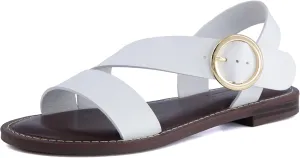 CUSHIONAIRE Lisbon Strappy Flat Sandals for Women 2025 with Adjustable Ankle Strap and Stylish Bold Buckle Accent Dressy Sandals