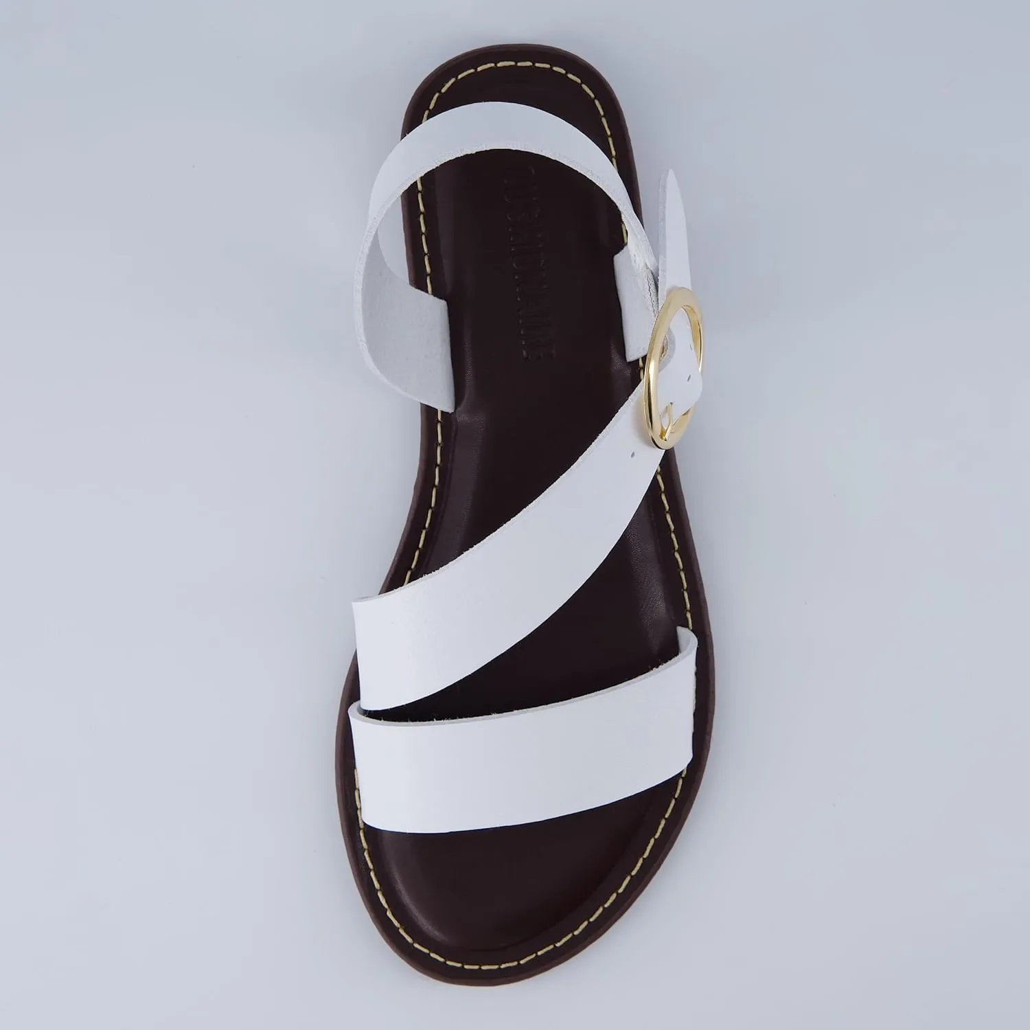 CUSHIONAIRE Lisbon Women’s Strappy Sandal – Faux Leather Flat with Bold Buckle Accent, Adjustable Strap & Cushioned Footbed