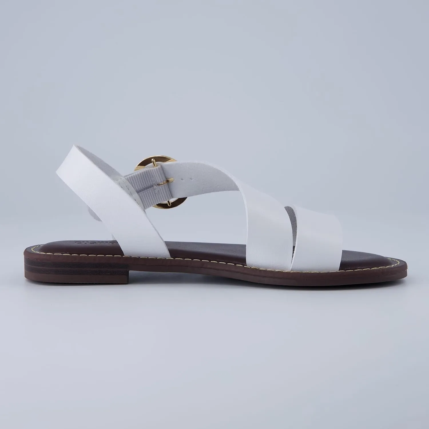 CUSHIONAIRE Lisbon Women’s Strappy Sandal – Faux Leather Flat with Bold Buckle Accent, Adjustable Strap & Cushioned Footbed