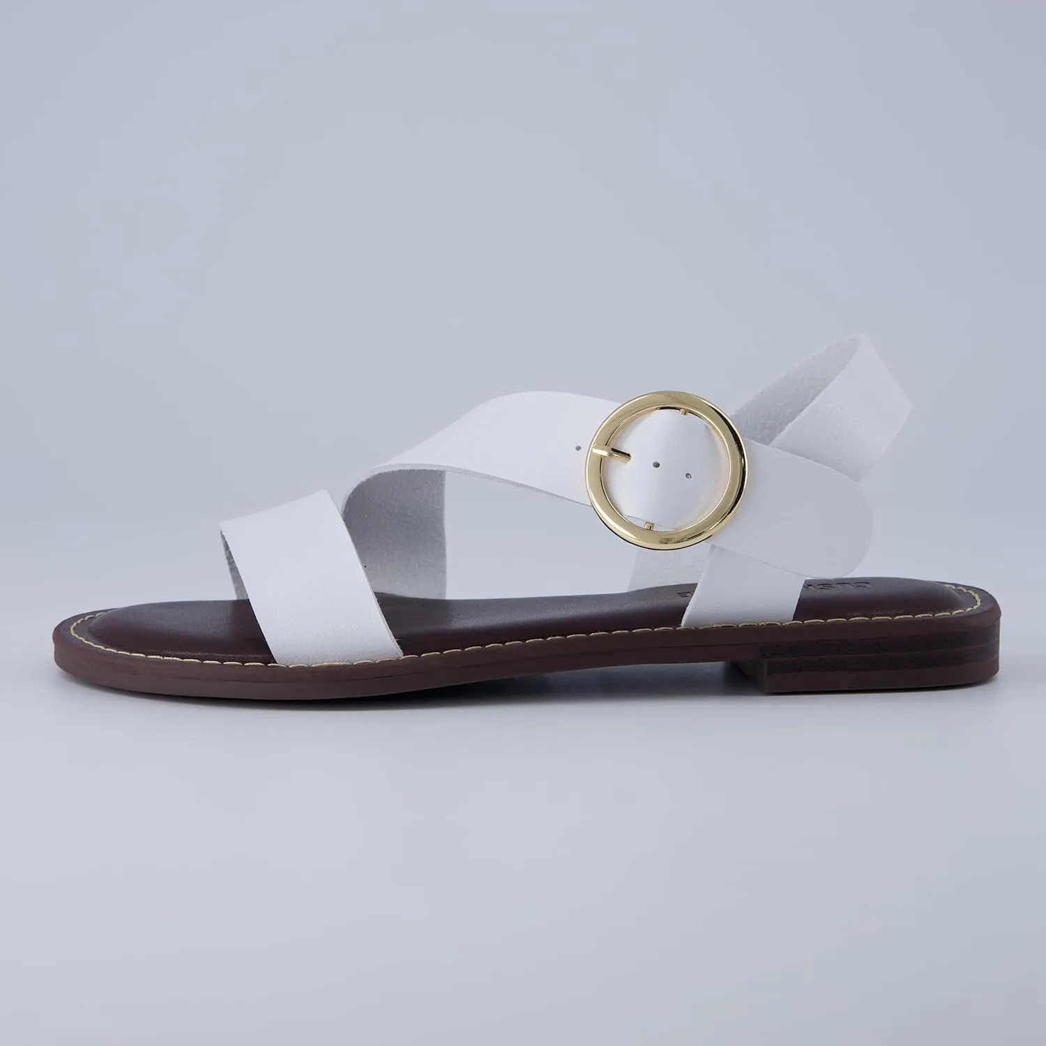 CUSHIONAIRE Lisbon Women’s Strappy Sandal – Faux Leather Flat with Bold Buckle Accent, Adjustable Strap & Cushioned Footbed
