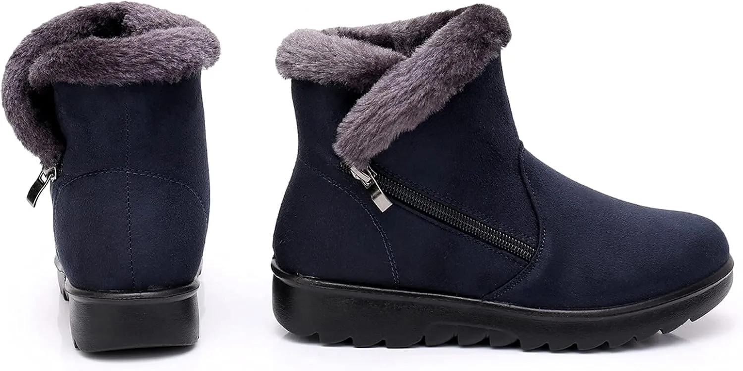 DADAWEN Women's Winter Warm Fur Lined Snow Boots Side Zipper Ankle Boots Outdoor Booties Comfortable Boots for Women