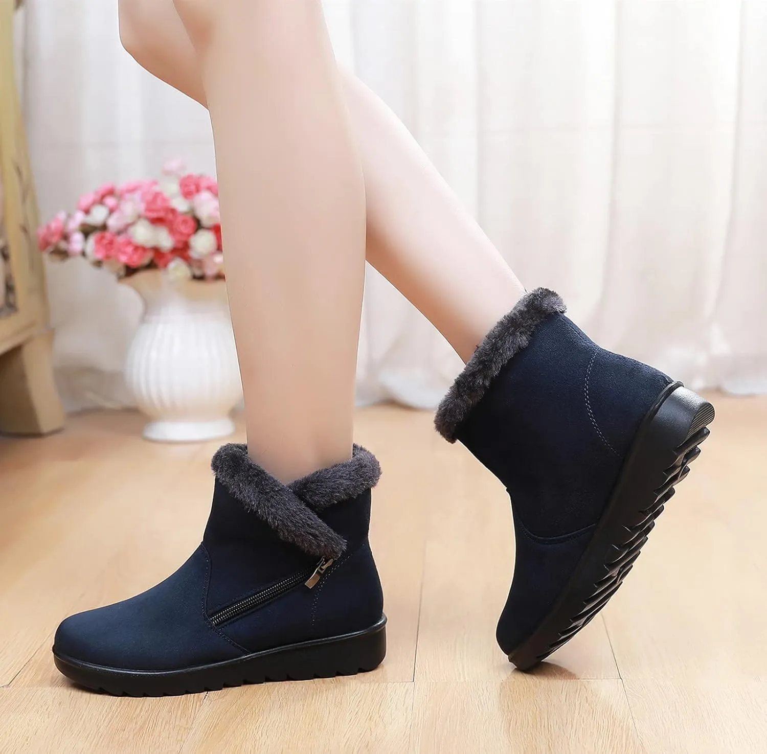 DADAWEN Women's Winter Warm Fur Lined Snow Boots Side Zipper Ankle Boots Outdoor Booties Comfortable Boots for Women