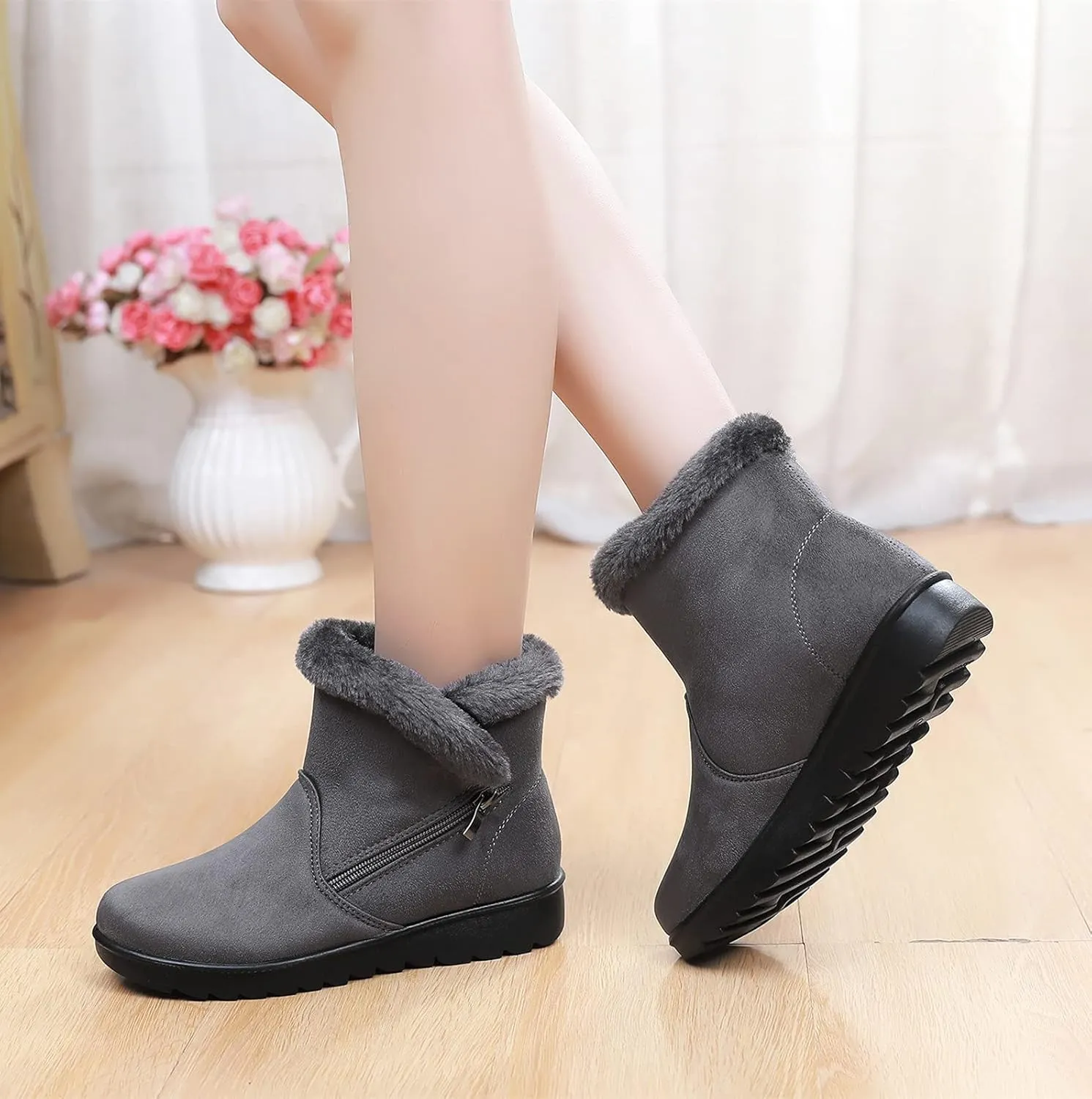 DADAWEN Women's Winter Warm Fur Lined Snow Boots Side Zipper Ankle Boots Outdoor Booties Comfortable Boots for Women