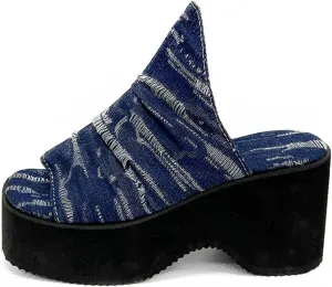 Denim Cloth Platform Sandals for Women's Slide Ruched Vintage Open Toe Slip On Comfortable Non-Slip Boho High Heel Wedge Mules Sandals