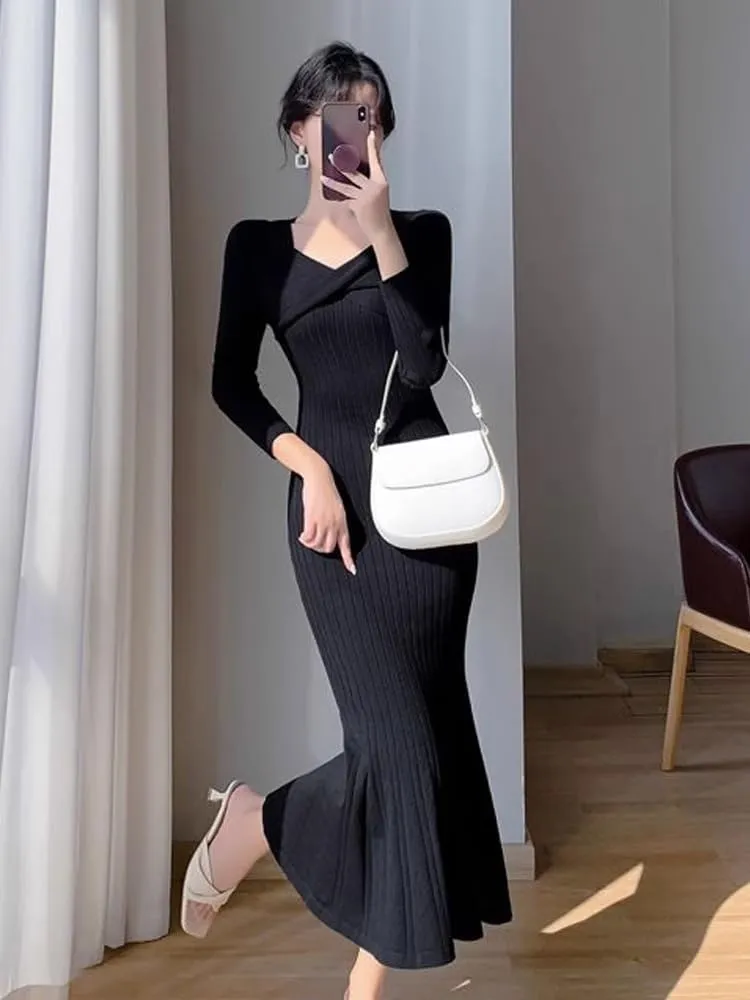 Design Kink red Dress Midlength Over- Sweater for Women Spring and Autumn Knitted Buttock Fishtail Skirt