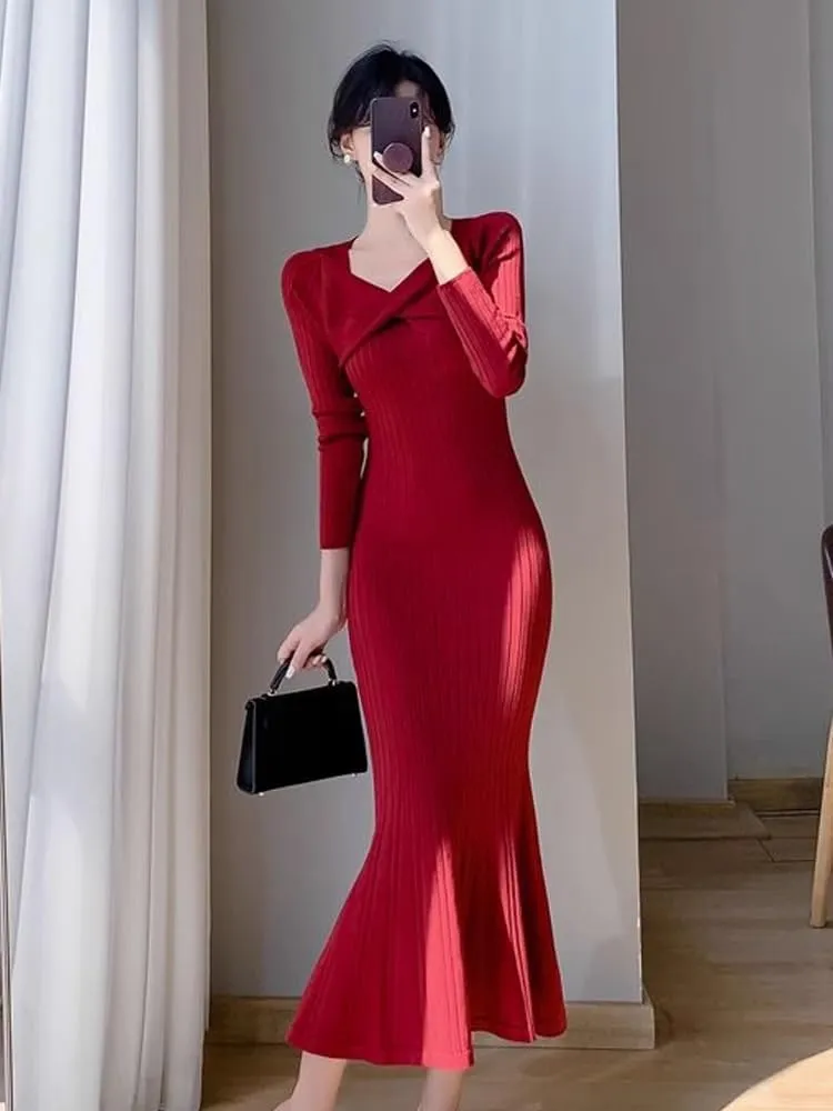 Design Kink red Dress Midlength Over- Sweater for Women Spring and Autumn Knitted Buttock Fishtail Skirt