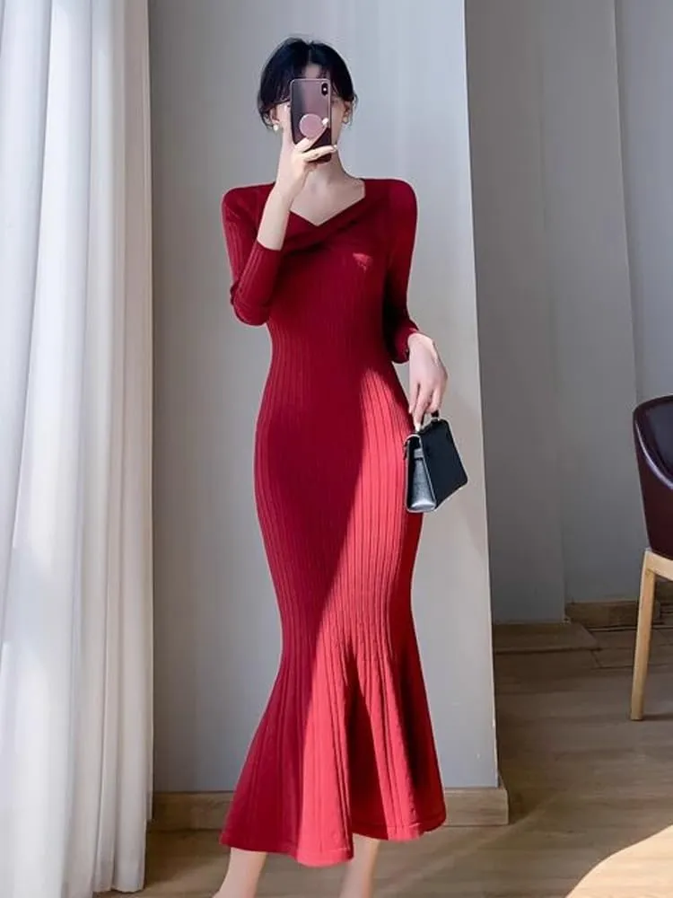 Design Kink red Dress Midlength Over- Sweater for Women Spring and Autumn Knitted Buttock Fishtail Skirt