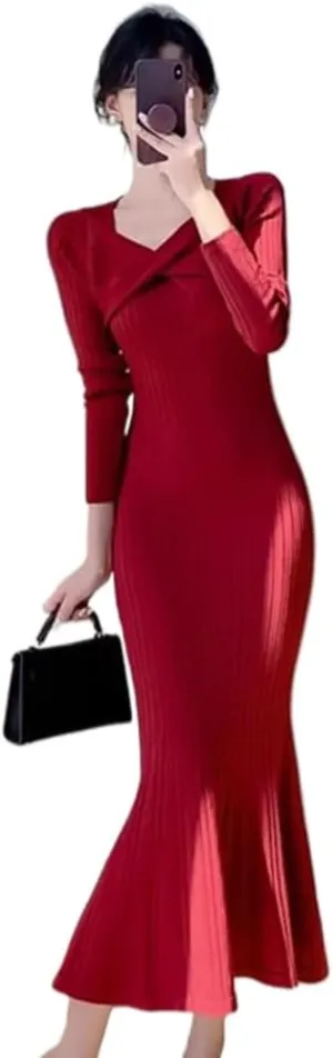 Design Kink red Dress Midlength Over- Sweater for Women Spring and Autumn Knitted Buttock Fishtail Skirt
