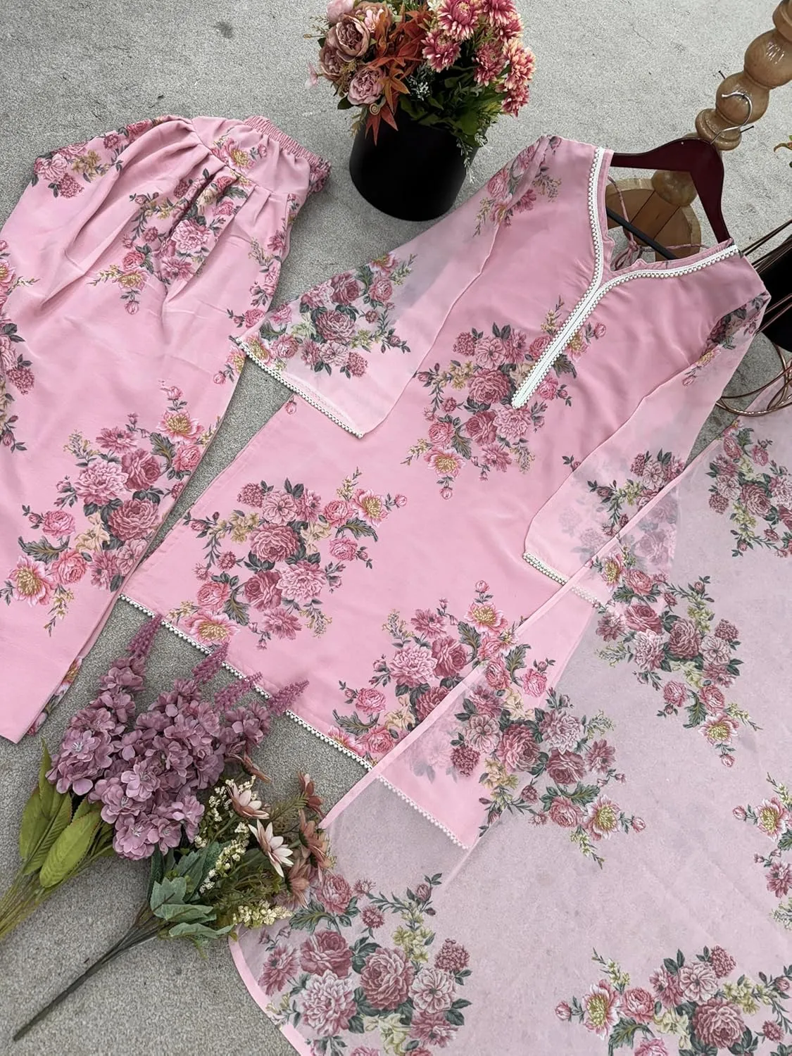 Designer Pink Faux Georgette Suit Set with Digital Print | Full Stitched Kurta, Farshi Pant & Dupatta | M to XXL