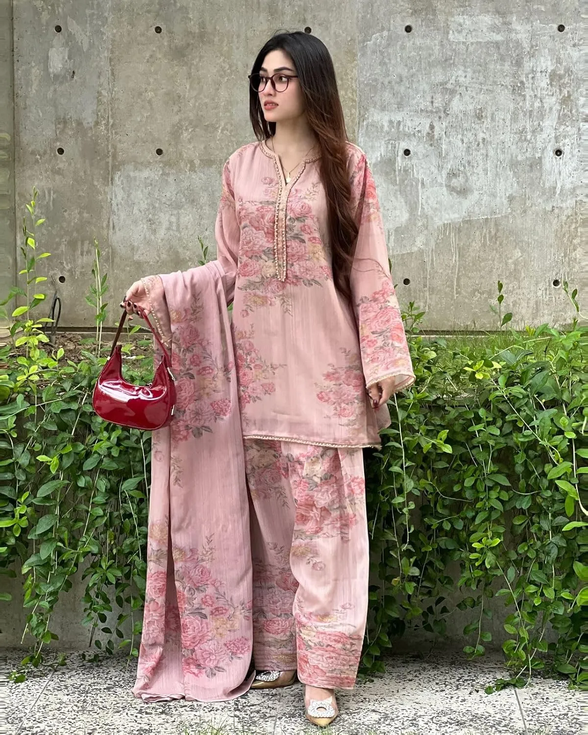 Designer Pink Faux Georgette Suit Set with Digital Print | Full Stitched Kurta, Farshi Pant & Dupatta | M to XXL
