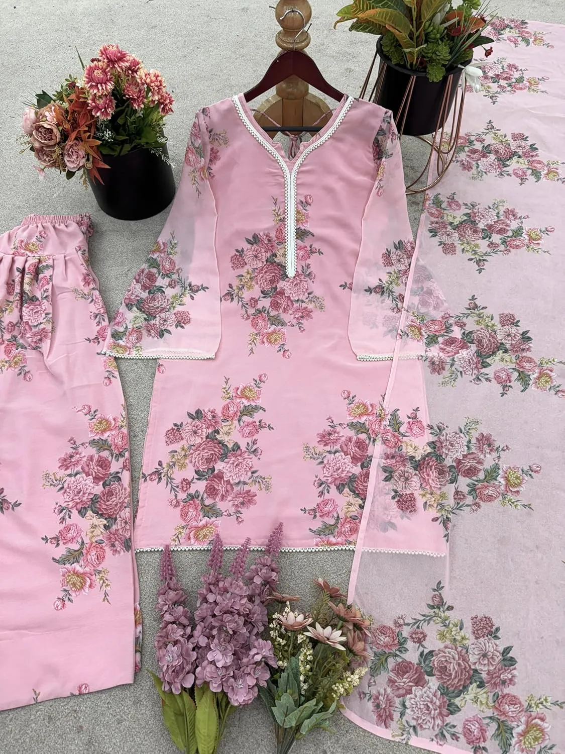 Designer Pink Faux Georgette Suit Set with Digital Print | Full Stitched Kurta, Farshi Pant & Dupatta | M to XXL