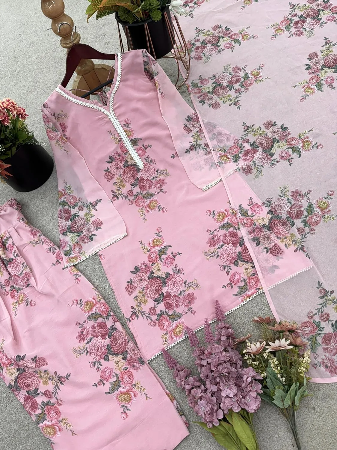 Designer Pink Faux Georgette Suit Set with Digital Print | Full Stitched Kurta, Farshi Pant & Dupatta | M to XXL