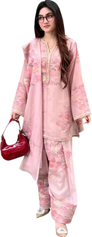 Designer Pink Faux Georgette Suit Set with Digital Print | Full Stitched Kurta, Farshi Pant & Dupatta | M to XXL