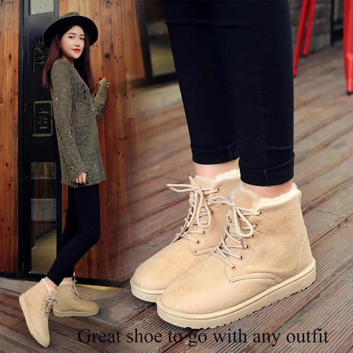 DevilAngel Women's winter suede waterproof snow boots, lace-up warm fur lined platform ankle boots