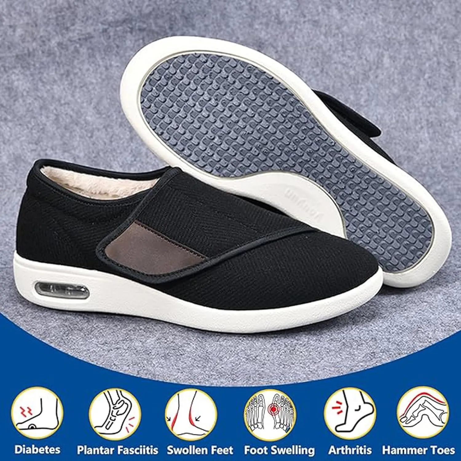 Diabetic Warm Fleece Shoes, Orthopedic Comfy Casual Sneakers, Warm Fur Lined Slippers, Lightweight Walking Shoes, Wide Shoes with Adjustable Closure, for Swollen Feet