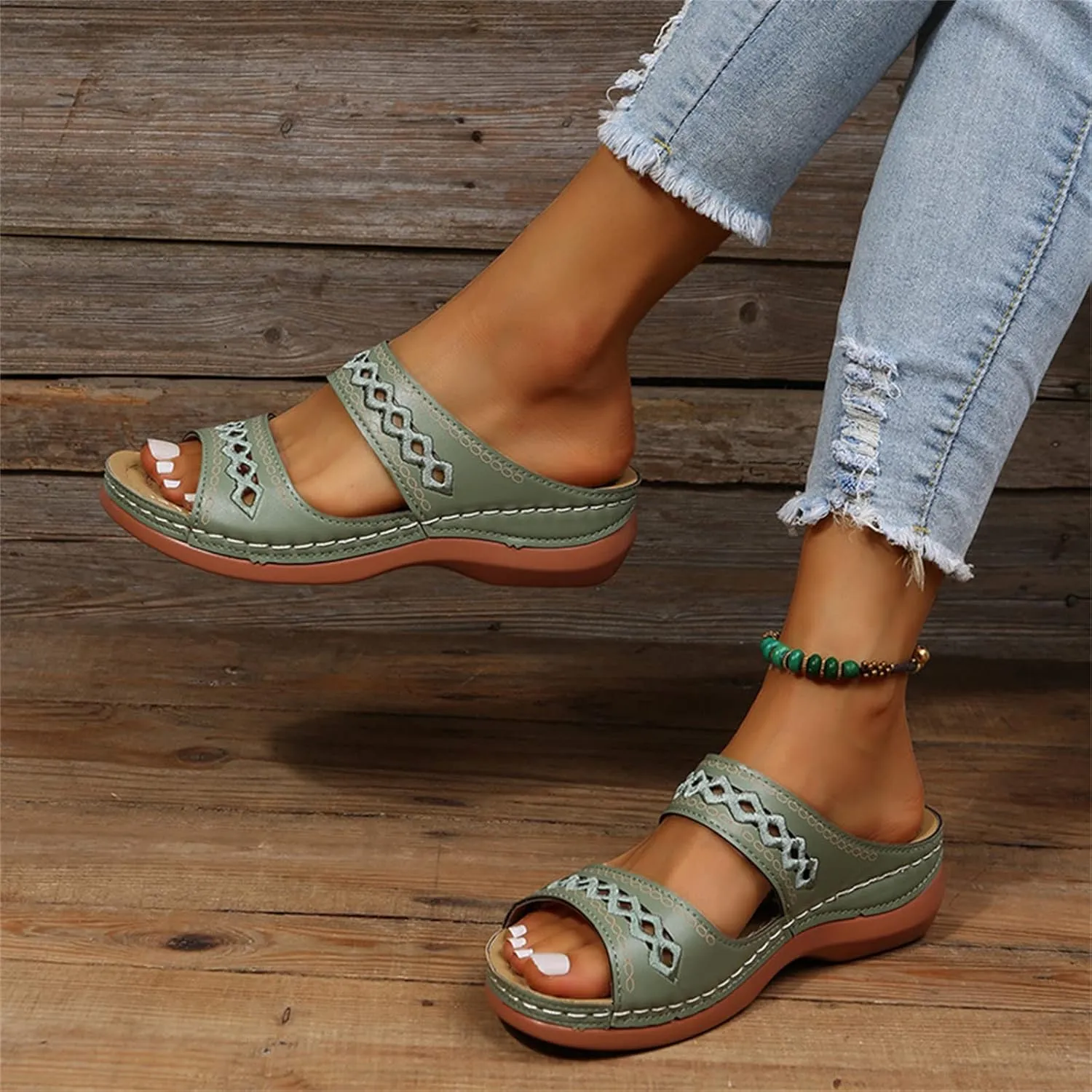 DOIX Women's Hollow Garden Clogs Sandals Casual Flats Embroidered Slippers Slip on Mules Loafer Shoes Summer Indoor Outdoor Anti-Slip Walking Shoes Memory Foam Padded,Green,US10/EU41