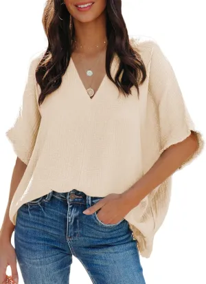 Dokotoo Casual Womens Short Sleeve V Neck Shirts Oversized Solid Blouses Tops
