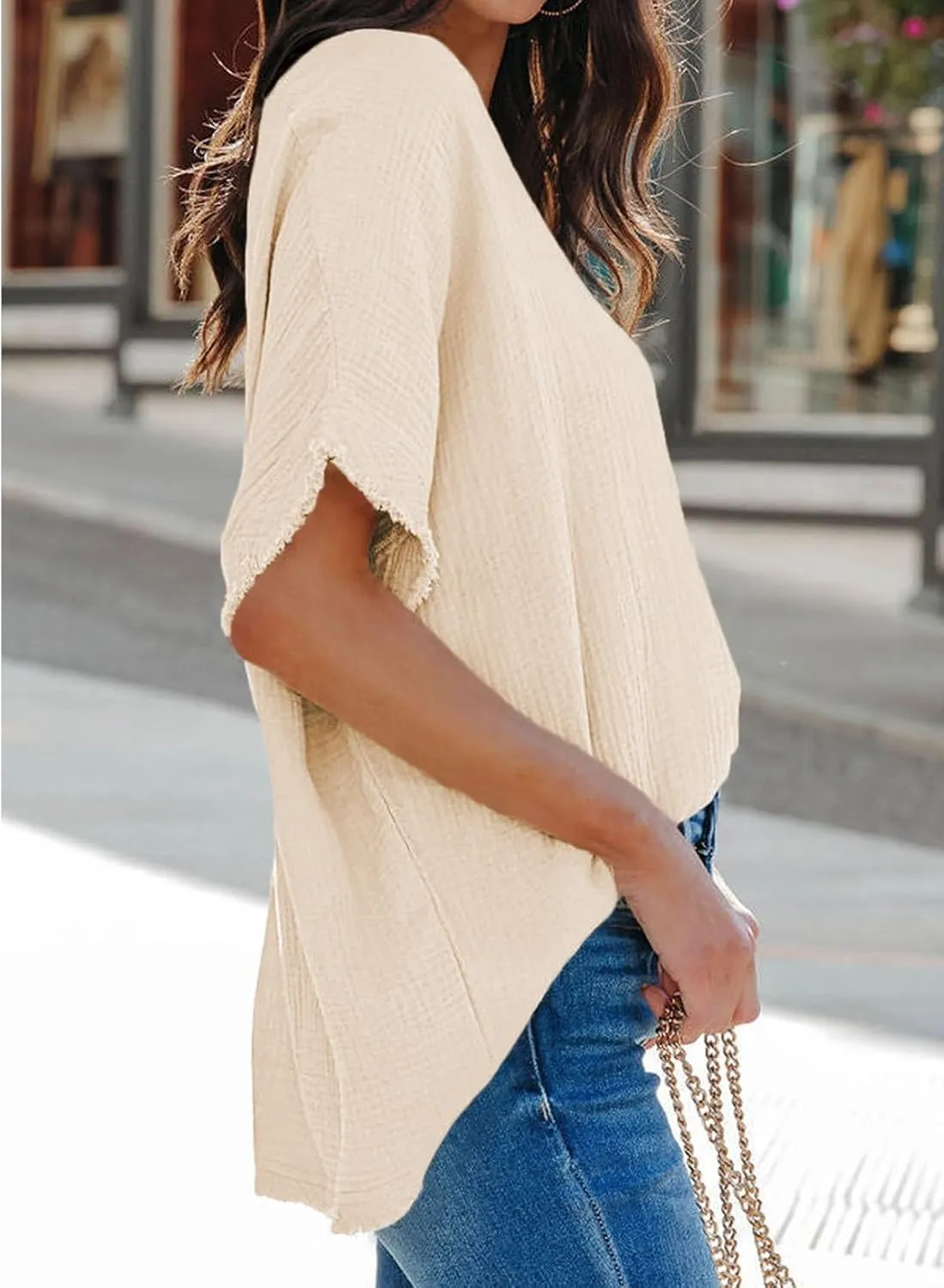 Dokotoo Casual Womens Short Sleeve V Neck Shirts Oversized Solid Blouses Tops