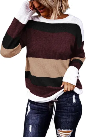 Dokotoo Fall Sweaters Round Neck Striped Cute Winter Pullover Sweaters for Women Trendy 2024 Drawstring