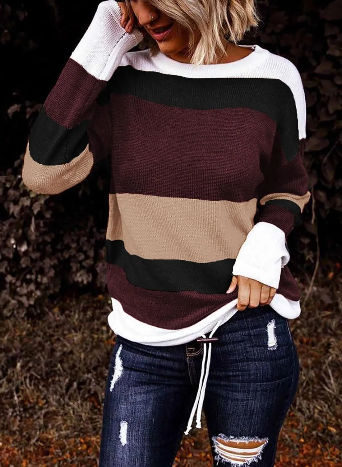 Dokotoo Fall Sweaters Round Neck Striped Cute Winter Pullover Sweaters for Women Trendy 2024 Drawstring