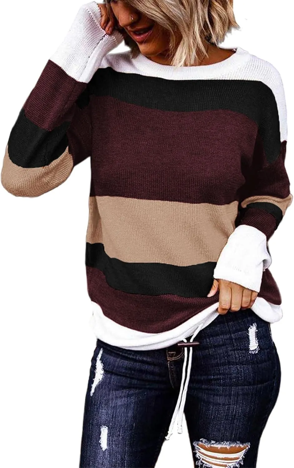 Dokotoo Fall Sweaters Round Neck Striped Cute Winter Pullover Sweaters for Women Trendy 2024 Drawstring