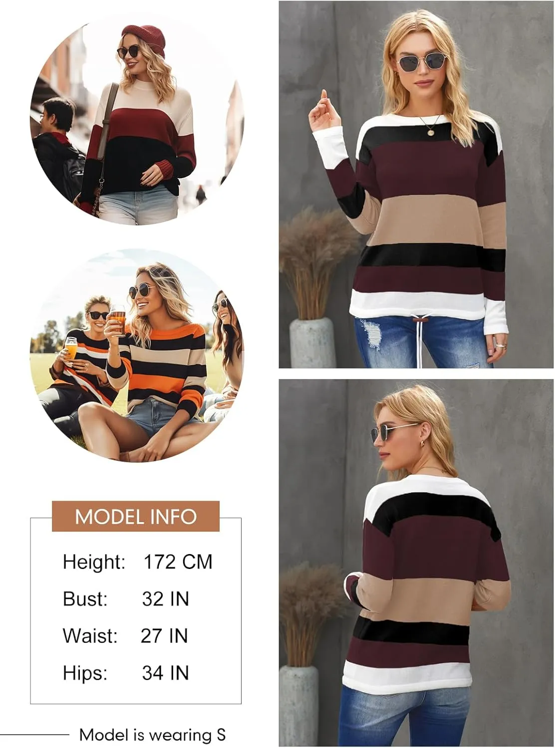Dokotoo Fall Sweaters Round Neck Striped Cute Winter Pullover Sweaters for Women Trendy 2024 Drawstring