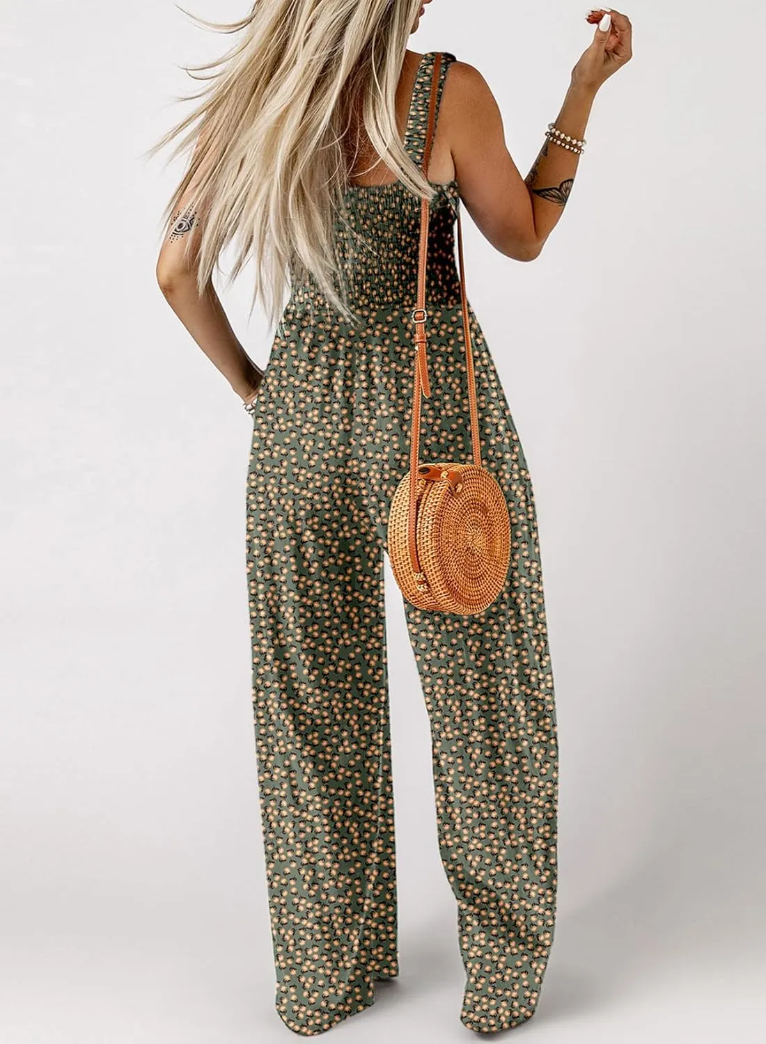 Dokotoo Women's Casual Loose Overalls Jumpsuits One Piece Sleeveless Printed Wide Leg Long Pant Rompers With Pockets