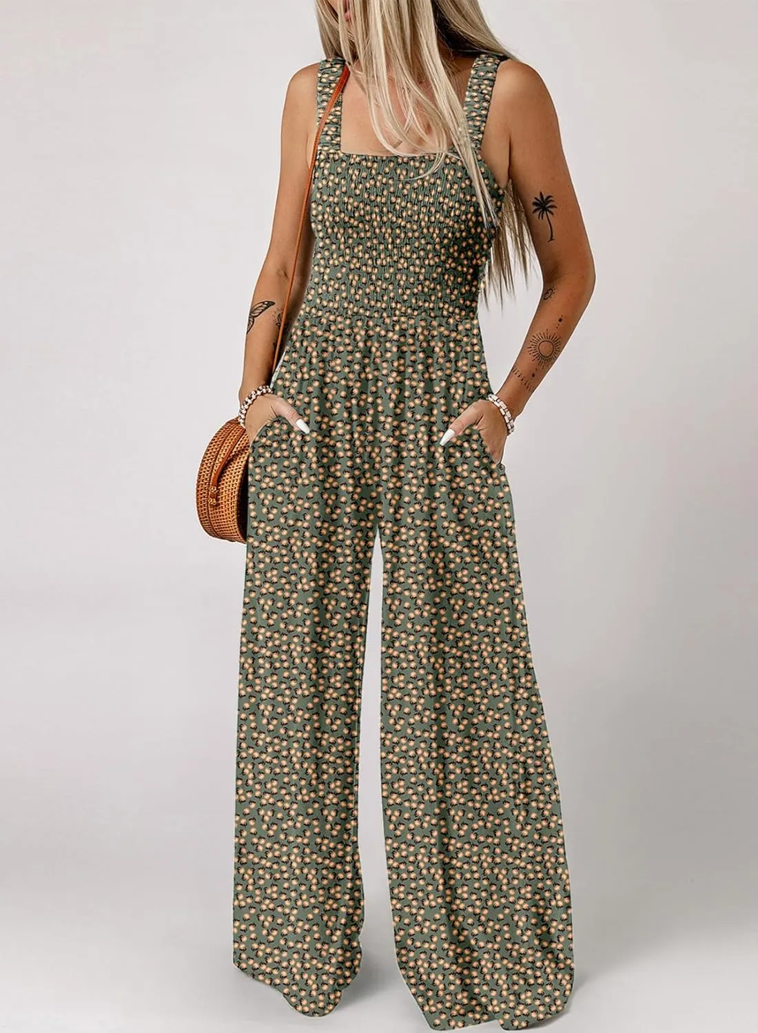 Dokotoo Women's Casual Loose Overalls Jumpsuits One Piece Sleeveless Printed Wide Leg Long Pant Rompers With Pockets