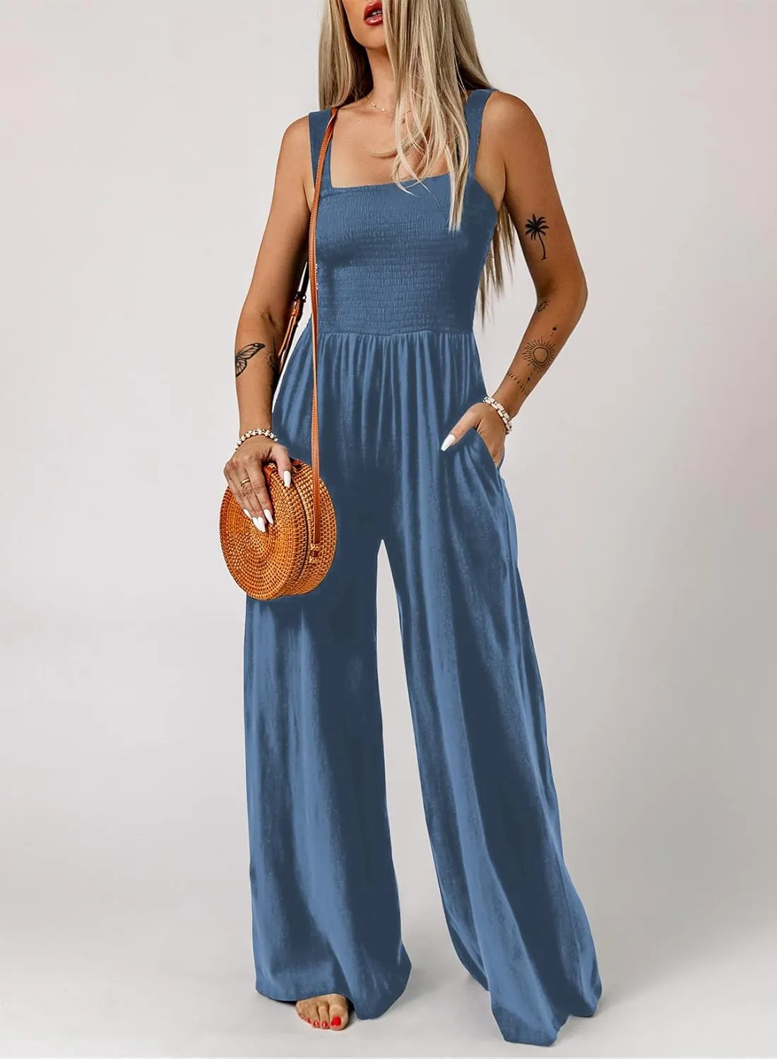 Dokotoo Women's Casual Loose Overalls Jumpsuits One Piece Sleeveless Wide Leg Long Pant Rompers With Pockets