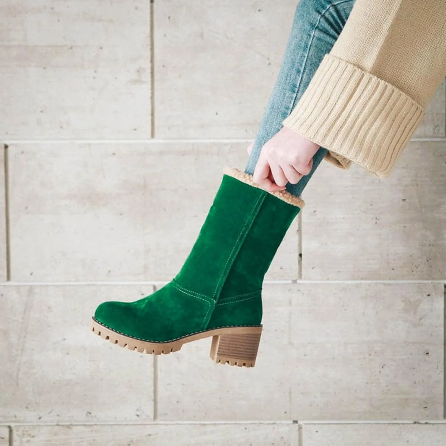 Dotmalls Boots Dotmalls Seniors' Chunky Heel Winter Boots Sherpa Lined Boots Comfortable Slip On Mid Chunky Heel Suede Snow Boots Warm Ankle Boots