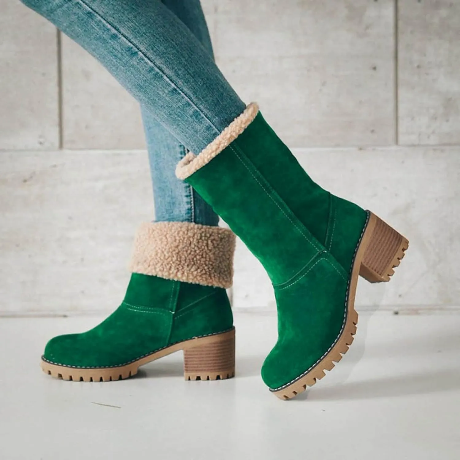 Dotmalls Boots Dotmalls Seniors' Chunky Heel Winter Boots Sherpa Lined Boots Comfortable Slip On Mid Chunky Heel Suede Snow Boots Warm Ankle Boots