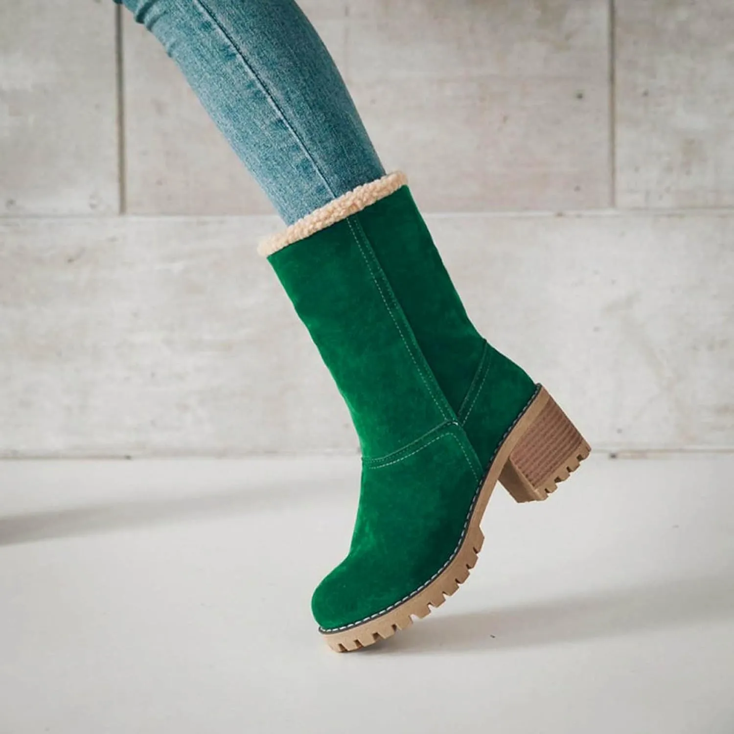 Dotmalls Boots Dotmalls Seniors' Chunky Heel Winter Boots Sherpa Lined Boots Comfortable Slip On Mid Chunky Heel Suede Snow Boots Warm Ankle Boots