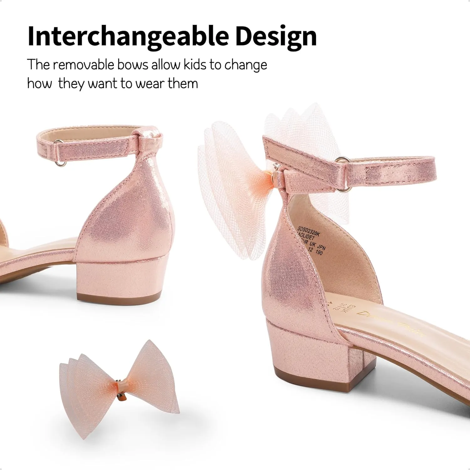 DREAM PAIRS Girls Sandals Low Heel Dress Pump Ankle Strap Interchangeable Bow Flower Wedding Party Shoes for Little Kid/Big Kid