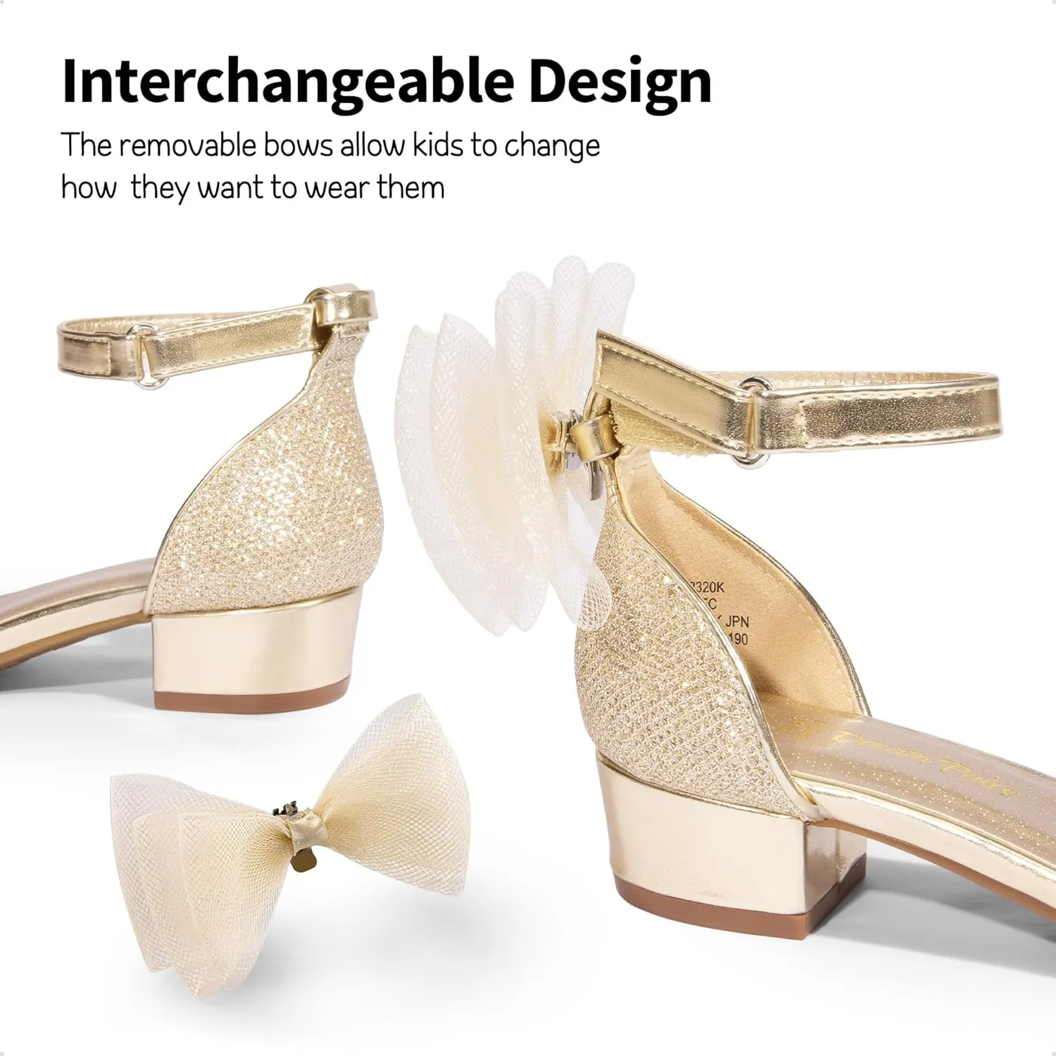 DREAM PAIRS Girls Sandals Low Heel Dress Pump Ankle Strap Interchangeable Bow Flower Wedding Party Shoes for Little Kid/Big Kid