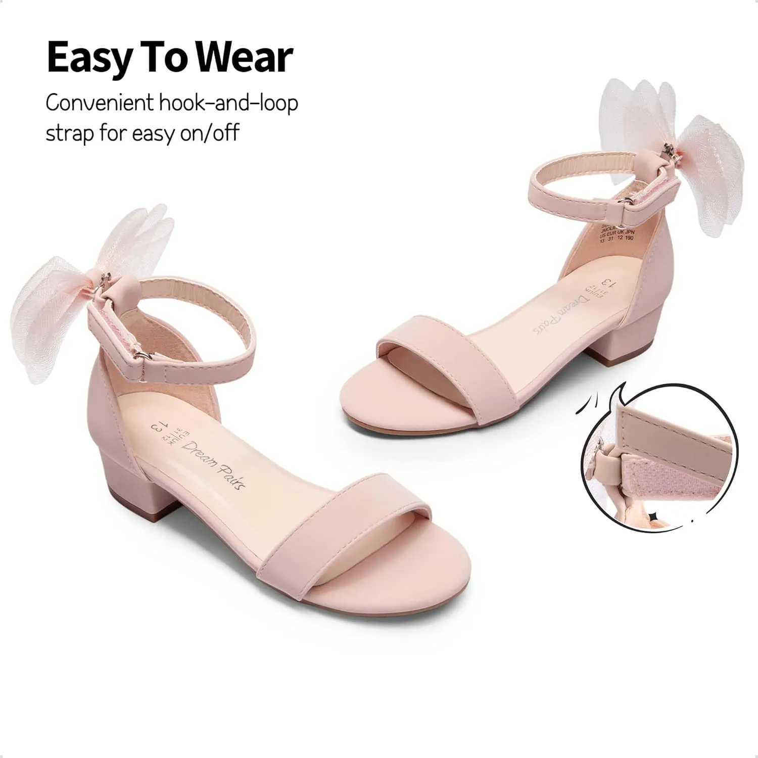 DREAM PAIRS Girls Sandals Low Heel Dress Pump Ankle Strap Interchangeable Bow Flower Wedding Party Shoes for Little Kid/Big Kid