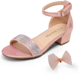 DREAM PAIRS Girls Sandals Low Heel Dress Pump Ankle Strap Interchangeable Bow Flower Wedding Party Shoes for Little Kid/Big Kid