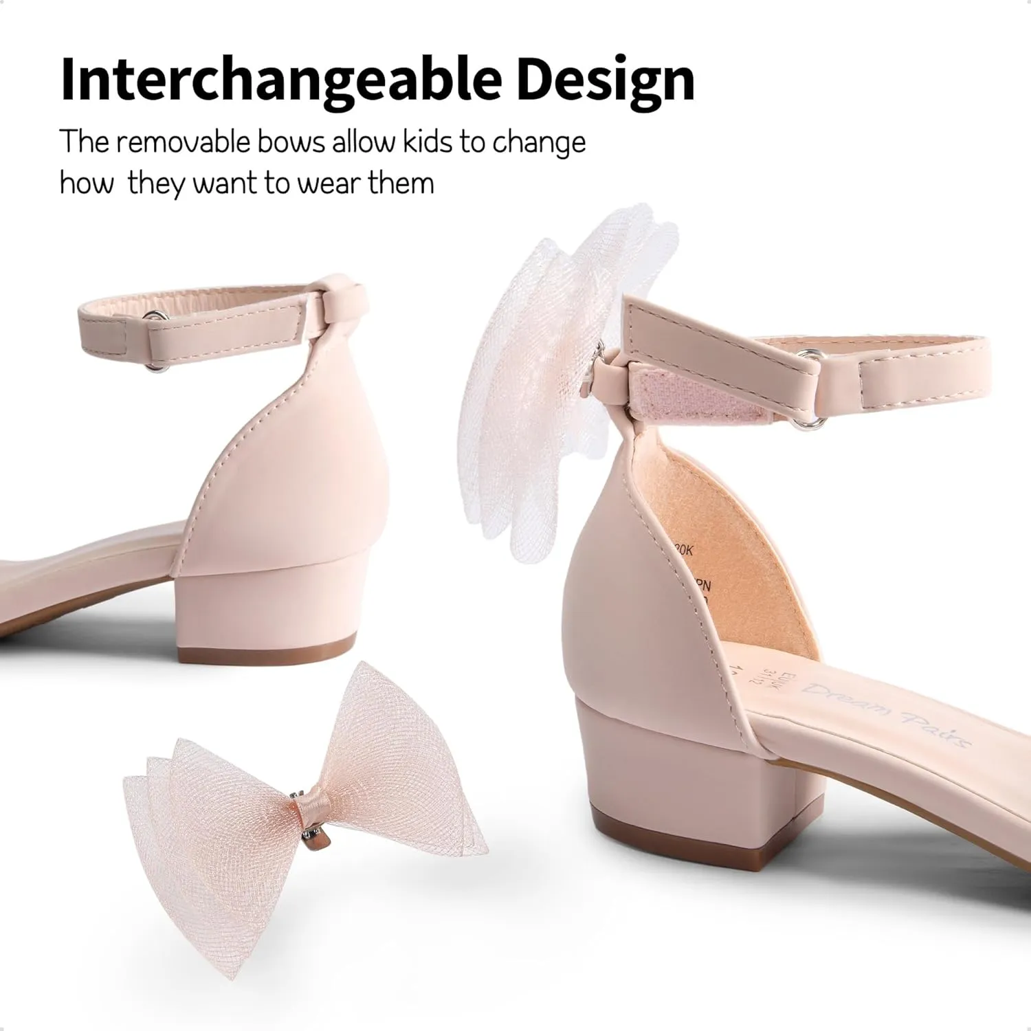 DREAM PAIRS Girls Sandals Low Heel Dress Pump Ankle Strap Interchangeable Bow Flower Wedding Party Shoes for Little Kid/Big Kid