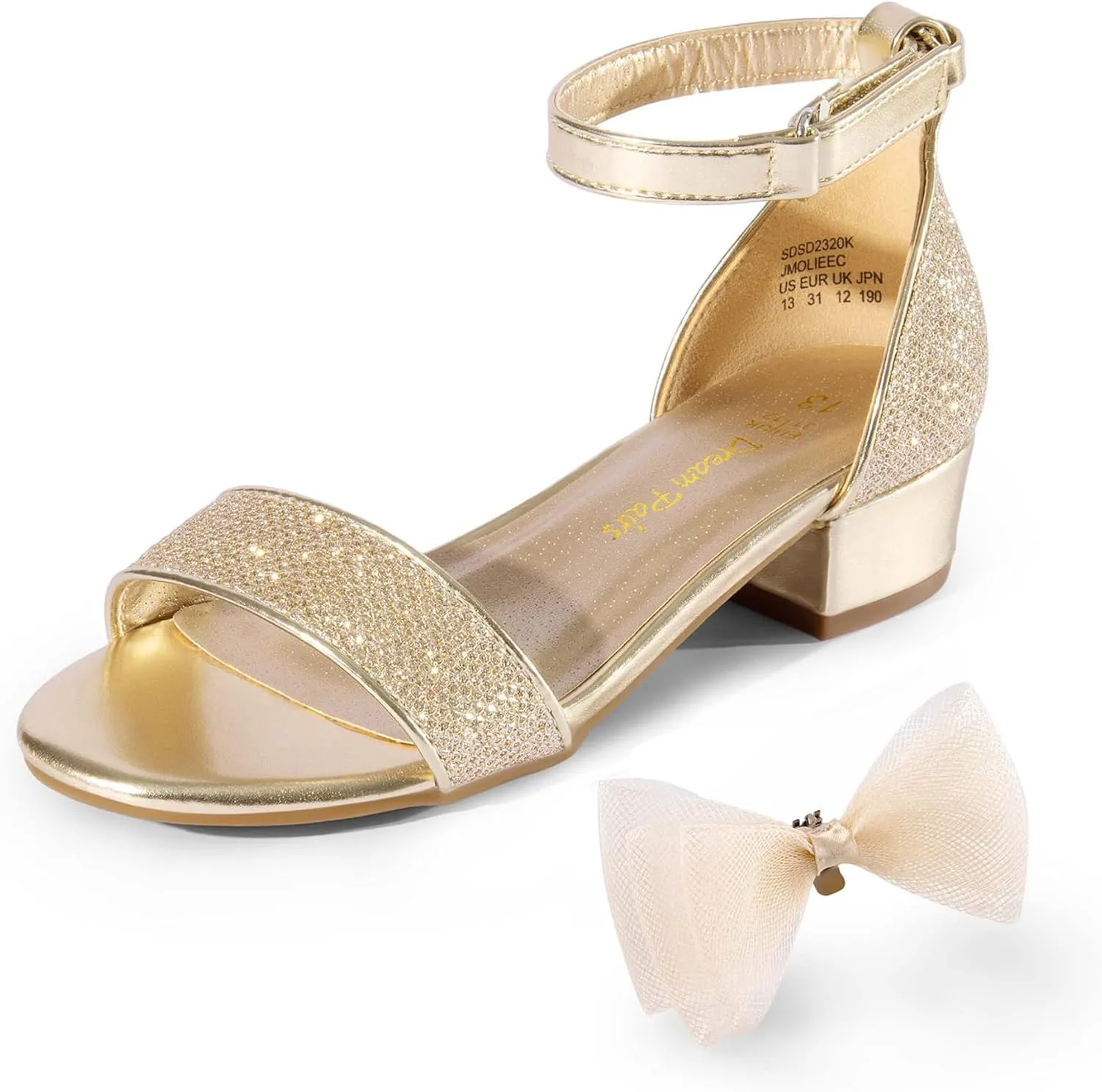 DREAM PAIRS Girls Sandals Low Heel Dress Pump Ankle Strap Interchangeable Bow Flower Wedding Party Shoes for Little Kid/Big Kid