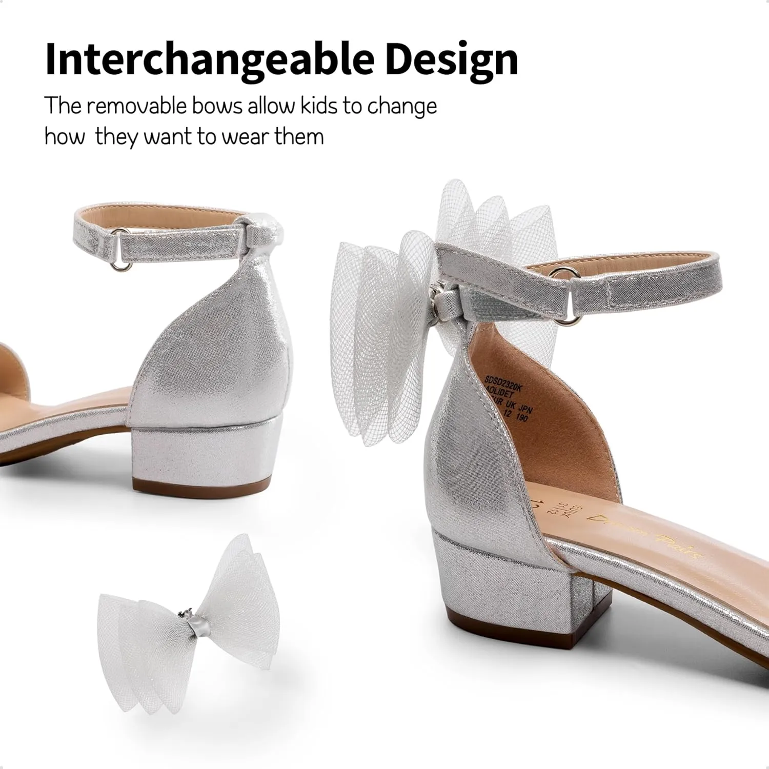 DREAM PAIRS Girls Sandals Low Heel Dress Pump Ankle Strap Interchangeable Bow Flower Wedding Party Shoes for Little Kid/Big Kid